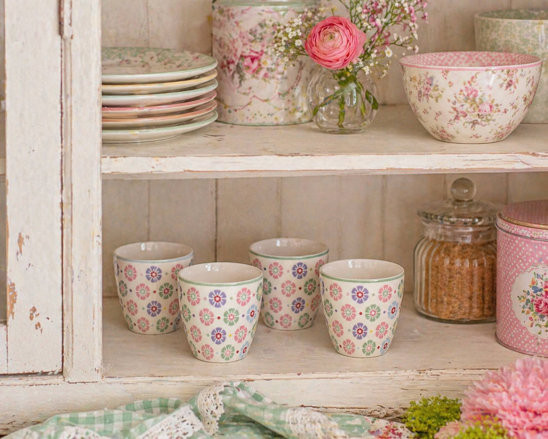 GreenGate Mini Latte Cup Rike weiß geblümt im Regal einer Shabby Chic Landhausküche dekoriert