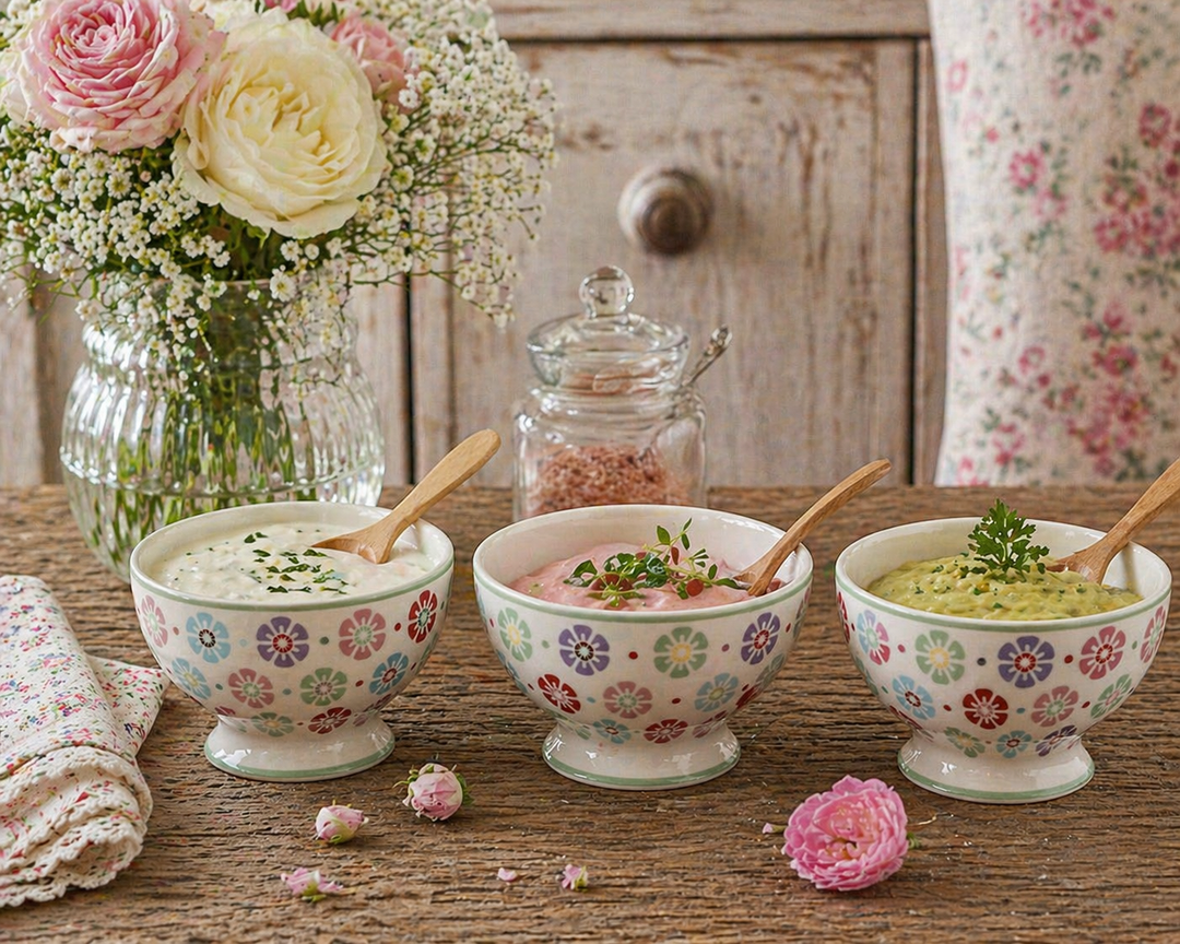 GreenGate Snackschalen Rike weiß geblümt mit verschiedenen Dips auf urigem Holztisch im Shabby Chic Landhausstil dekoriert