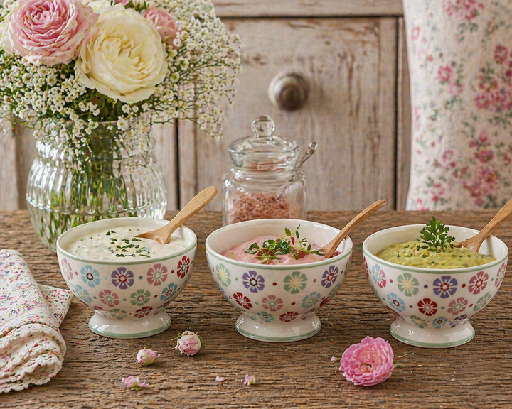 GreenGate Snackschalen Rike weiß geblümt mit verschiedenen Dips auf urigem Holztisch im Shabby Chic Landhausstil dekoriert
