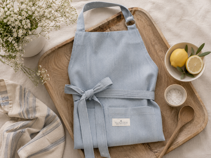 GreenGate Schürze Alice Hellblau aus Baumwolle mit Streifen als Flatlay auf Holztablett mit Zitronen und Küchenaccessoires im Hygge Stil