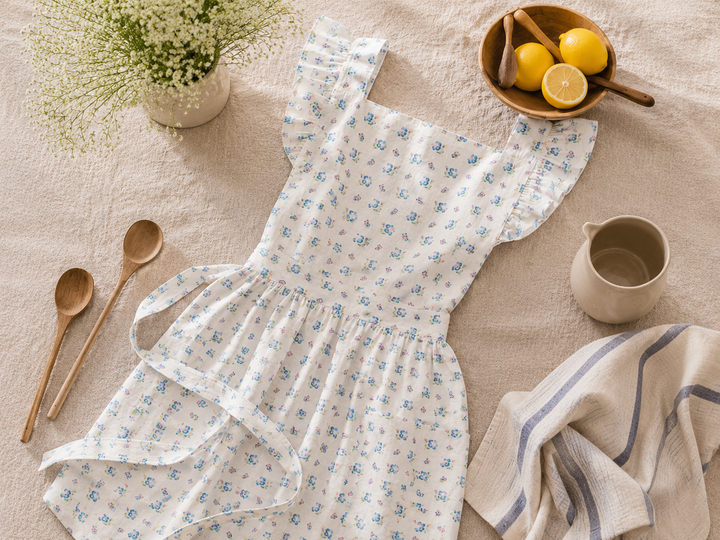 GreenGate Schürze mit blauem Blumenmuster als Flatlay auf Holztablett mit Zitronen, Kochlöffel und Leinentuch im skandinavischen Stil