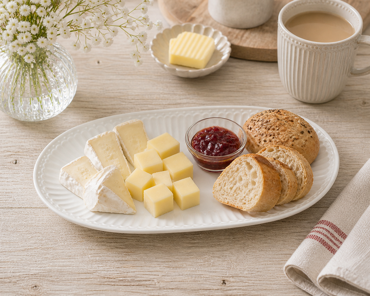 GreenGate Servierteller Alice weiß oval mit Käse, Brötchen und Marmelade auf Holztisch im Landhausstil