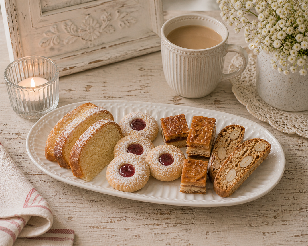 GreenGate Servierteller Alice weiß oval mit Gebäck und Kuchen in gemütlicher Kaffee Szene im Shabby Chic Stil