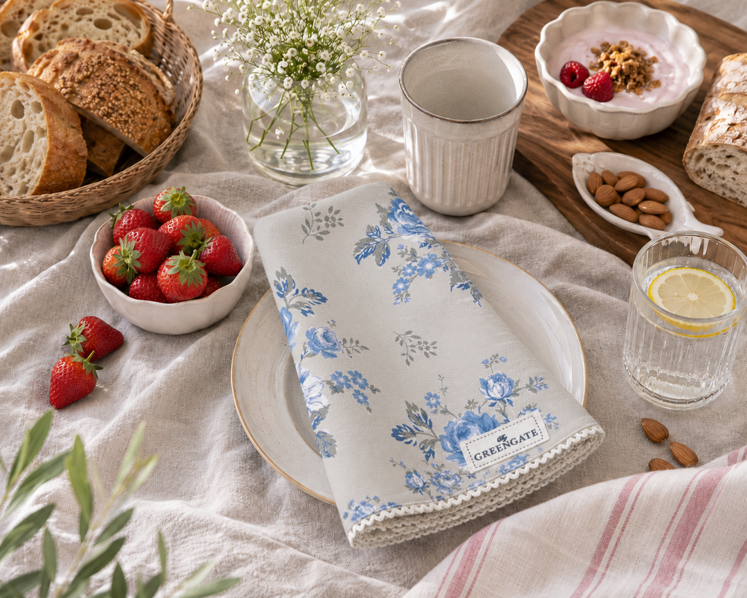 GreenGate Stoffserviette mit blauem Blumenmuster auf hellem Frühstückstisch im skandinavischen Landhausstil