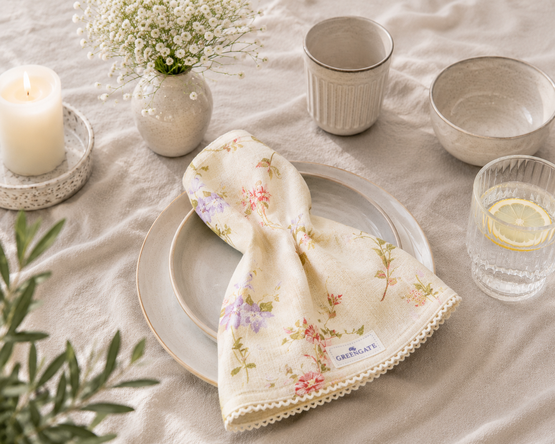 GreenGate Stoffserviette mit Blumenmuster in cremefarbenem Skandi Landhaus Ambiente auf Keramikteller