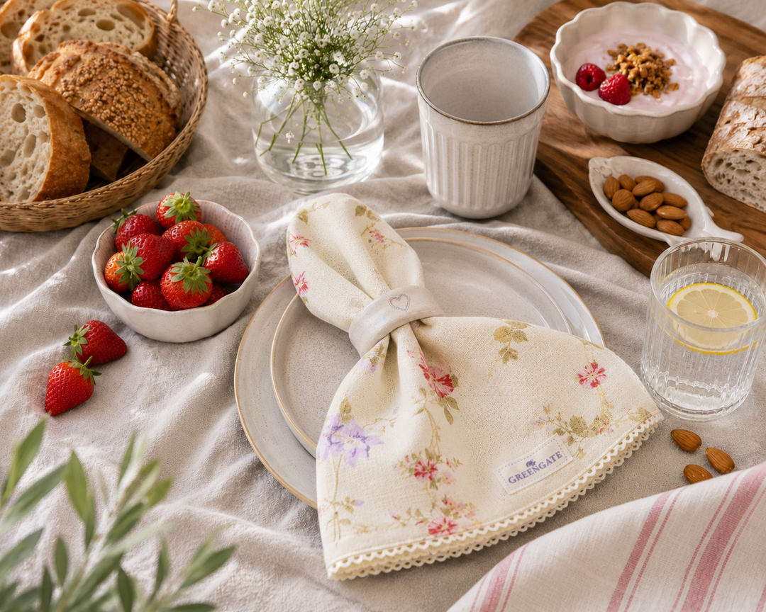 GreenGate Stoffserviette mit floralem Muster beim gemütlichen Frühstück im skandinavischen Landhausstil