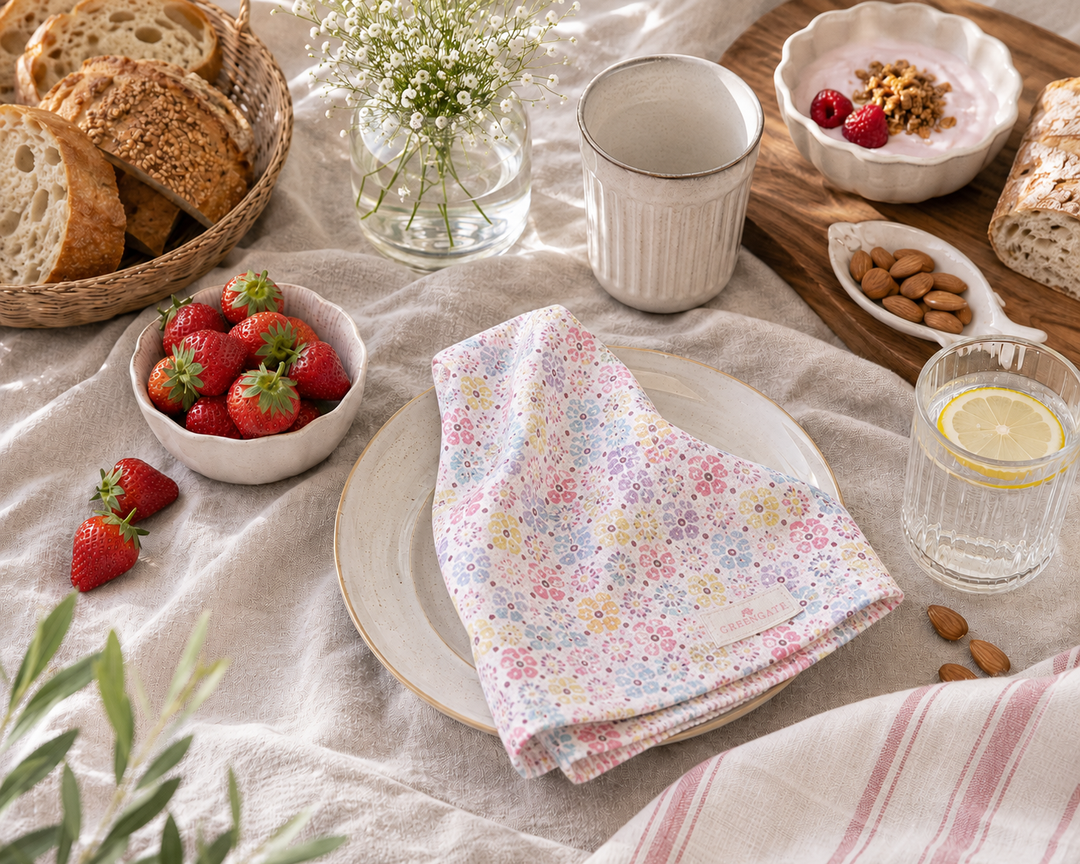 Bunte GreenGate Stoffserviette mit kleinem Blumenprint auf natürlichem Frühstückstisch mit Erdbeeren und Keramikgeschirr im Landhausstil