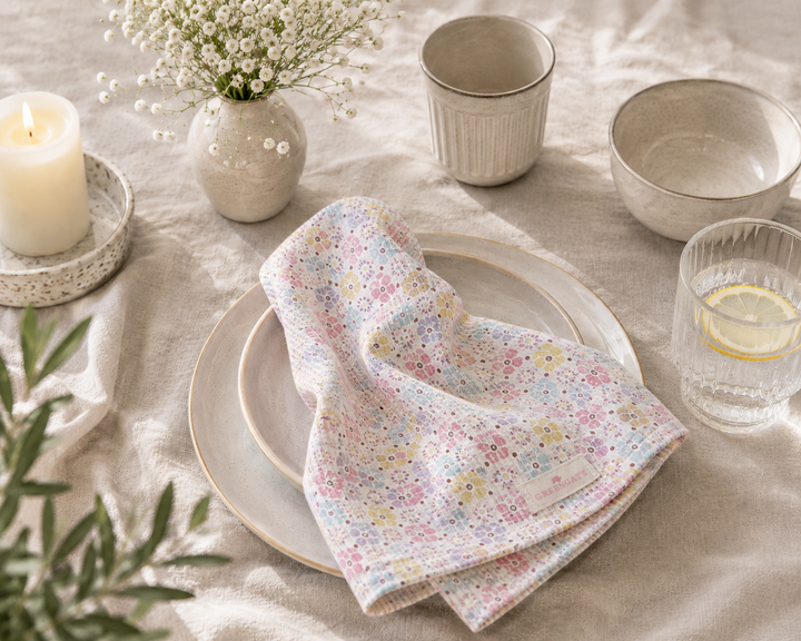 Pastellfarbene GreenGate Serviette mit floralem Muster auf hellem Keramikteller bei gemütlicher Frühstücksszene im Hygge Stil