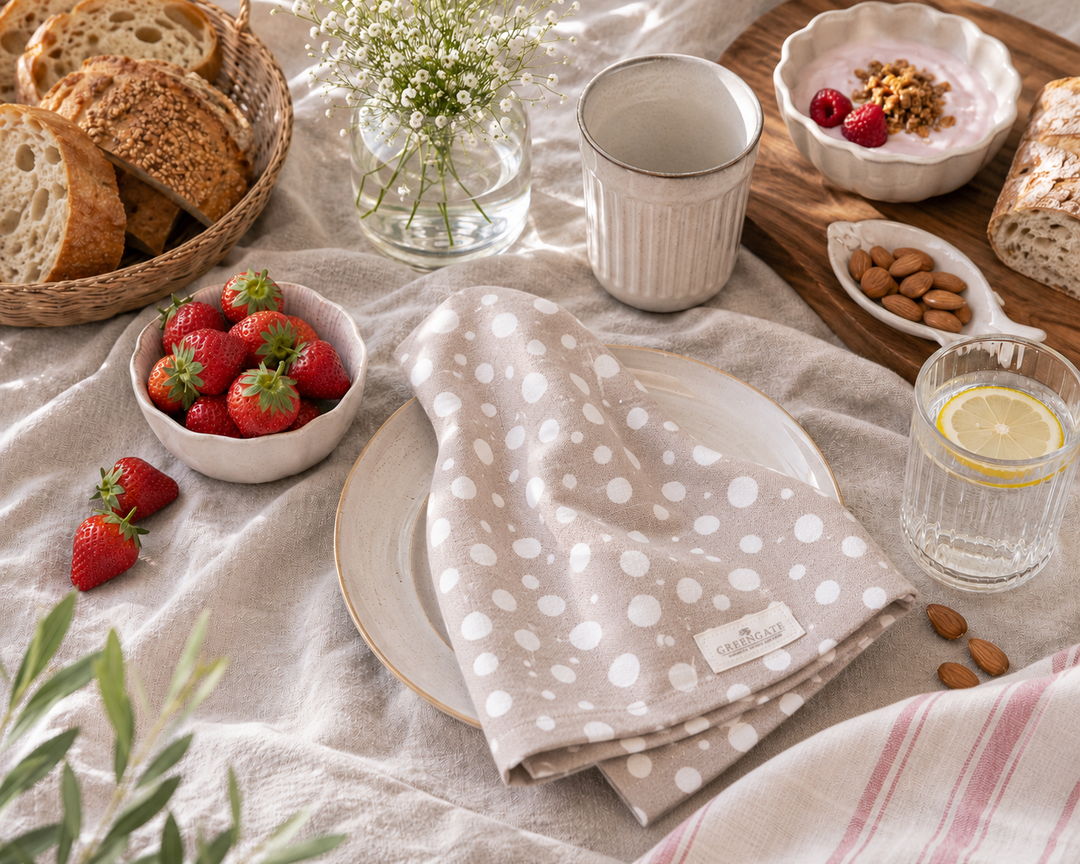 GreenGate Stoffserviette mit weißen Punkten in gemütlicher Frühstücksszene mit Erdbeeren und Keramikgeschirr