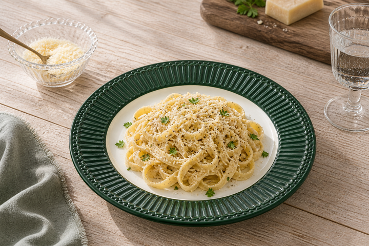 GreenGate Speiseteller Alice Dunkelgrün 26,5 cm mit Pasta Gericht im Landhaus Stil auf Holz Tisch mit Parmesan und weichem Licht