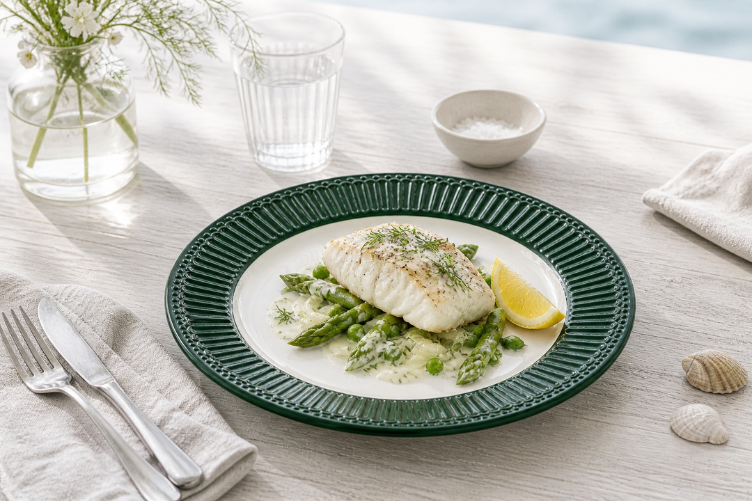 GreenGate Speiseteller Alice Dunkelgrün 26,5 cm im skandinavisch minimalistischen Stil mit Fischgericht hell clean und maritimer Atmosphäre
