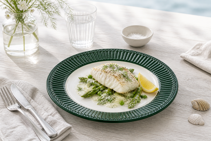 GreenGate Speiseteller Alice Dunkelgrün 26,5 cm im skandinavisch minimalistischen Stil mit Fischgericht hell clean und maritimer Atmosphäre