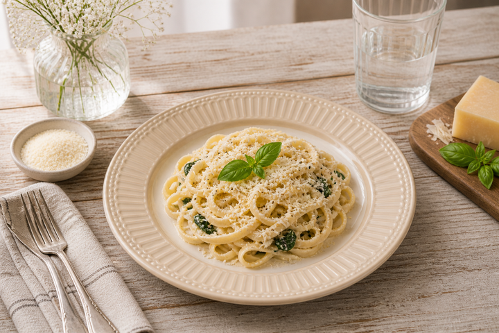 GreenGate Speiseteller Alice Fudge 26,5 cm mit Pasta Gericht im Landhaus Stil auf Holz Tisch mit Parmesan und weichem Licht