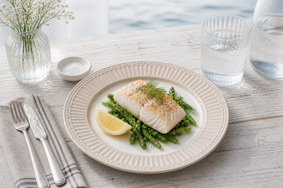 GreenGate Speiseteller Alice Fudge 26,5 cm im skandinavisch minimalistischen Stil mit Fischgericht hell clean und maritimer Atmosphäre