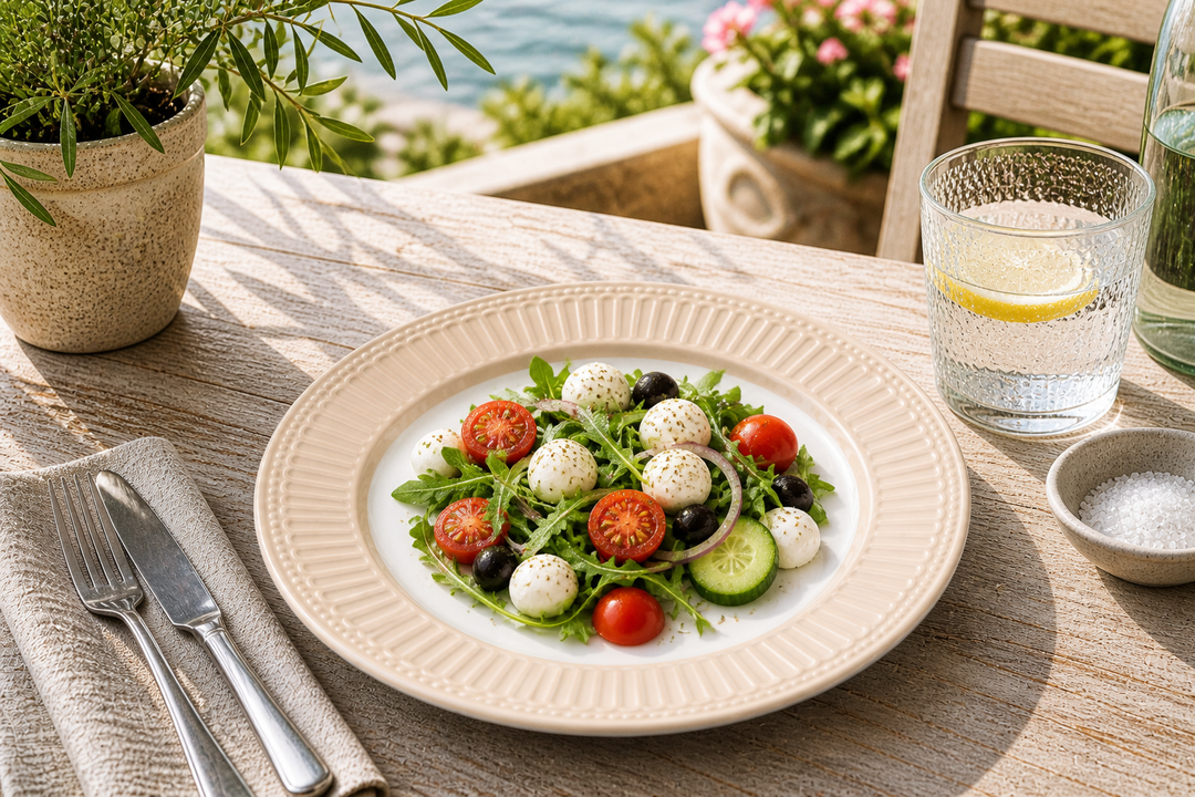 GreenGate Speiseteller Alice Fudge 26,5 cm mit frischem Salat auf sonniger Terrasse im mediterranen Landhausstil