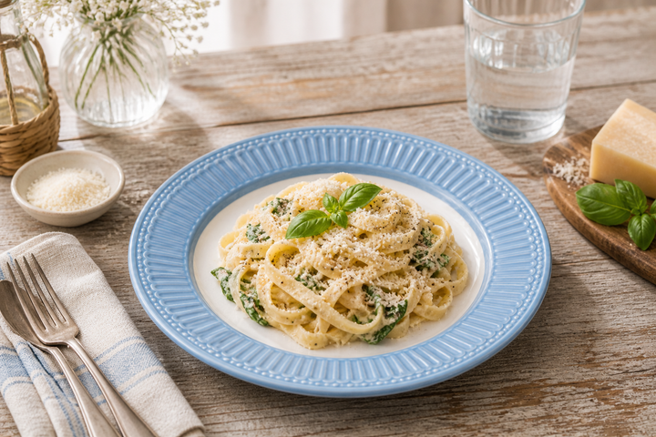 GreenGate Speiseteller Alice Hellblau 26,5 cm mit Pasta Gericht im Landhaus Stil auf Holz Tisch mit Parmesan und weichem Licht