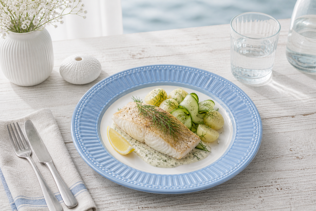 GreenGate Speiseteller Alice Hellblau 26,5 cm im skandinavisch minimalistischen Stil mit Fischgericht hell clean und maritimer Atmosphäre