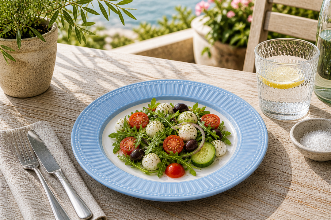GreenGate Speiseteller Alice Hellblau 26,5 cm mit frischem Salat auf sonniger Terrasse im mediterranen Landhausstil