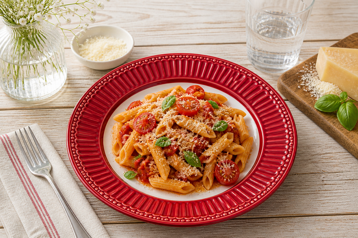 GreenGate Speiseteller Alice Rot 26,5 cm mit Pasta Gericht im Landhaus Stil auf Holz Tisch mit Parmesan und weichem Licht