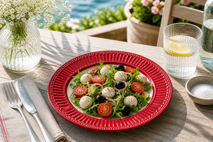 GreenGate Speiseteller Alice Rot 26,5 cm mit frischem Salat auf sonniger Terrasse im mediterranen Landhausstil