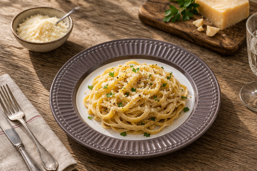 GreenGate Speiseteller Alice Schokolade 26,5 cm mit Pasta Gericht im Landhaus Stil auf Holz Tisch mit Parmesan und weichem Licht