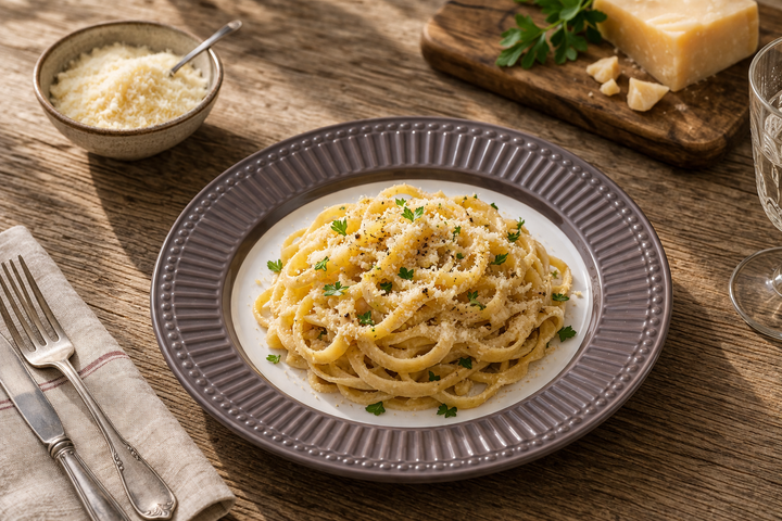 GreenGate Speiseteller Alice Schokolade 26,5 cm mit Pasta Gericht im Landhaus Stil auf Holz Tisch mit Parmesan und weichem Licht