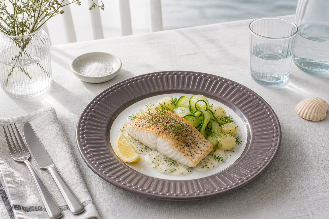 GreenGate Speiseteller Alice Schokolade 26,5 cm im skandinavisch minimalistischen Stil mit Fischgericht hell clean und maritimer Atmosphäre