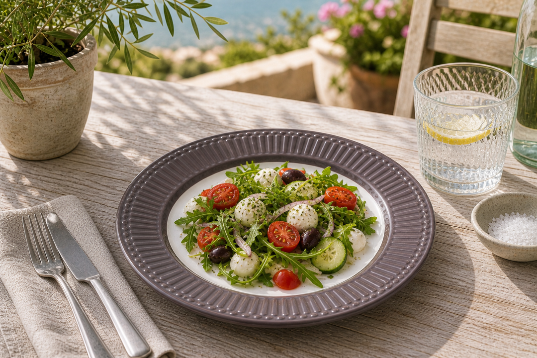 GreenGate Speiseteller Alice Schokolade 26,5 cm mit frischem Salat auf sonniger Terrasse im mediterranen Landhausstil