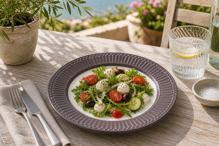 GreenGate Speiseteller Alice Schokolade 26,5 cm mit frischem Salat auf sonniger Terrasse im mediterranen Landhausstil
