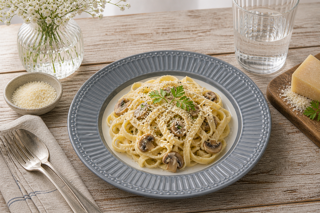 GreenGate Speiseteller Alice Steingrau 26,5 cm mit Pasta Gericht im Landhaus Stil auf Holz Tisch mit Parmesan und weichem Licht