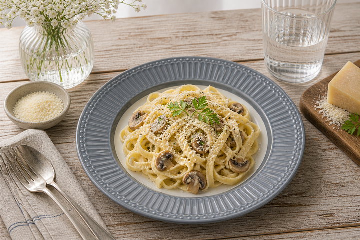 GreenGate Speiseteller Alice Steingrau 26,5 cm mit Pasta Gericht im Landhaus Stil auf Holz Tisch mit Parmesan und weichem Licht