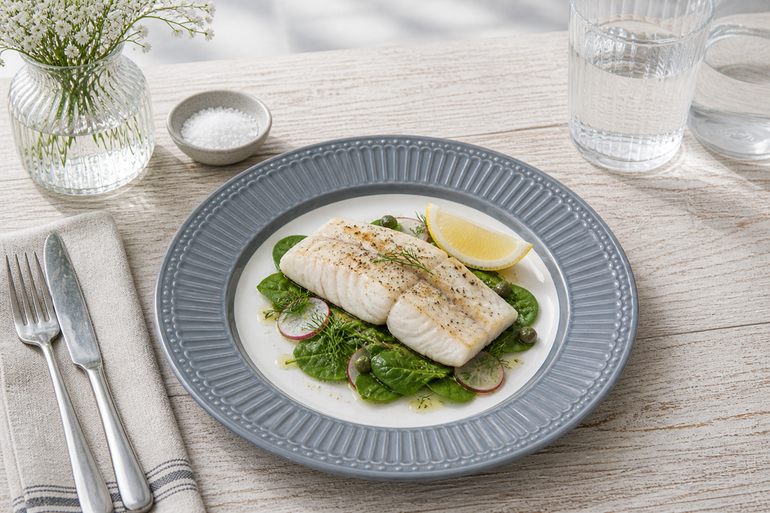 GreenGate Speiseteller Alice Steingrau 26,5 cm im skandinavisch minimalistischen Stil mit Fischgericht hell clean und maritimer Atmosphäre