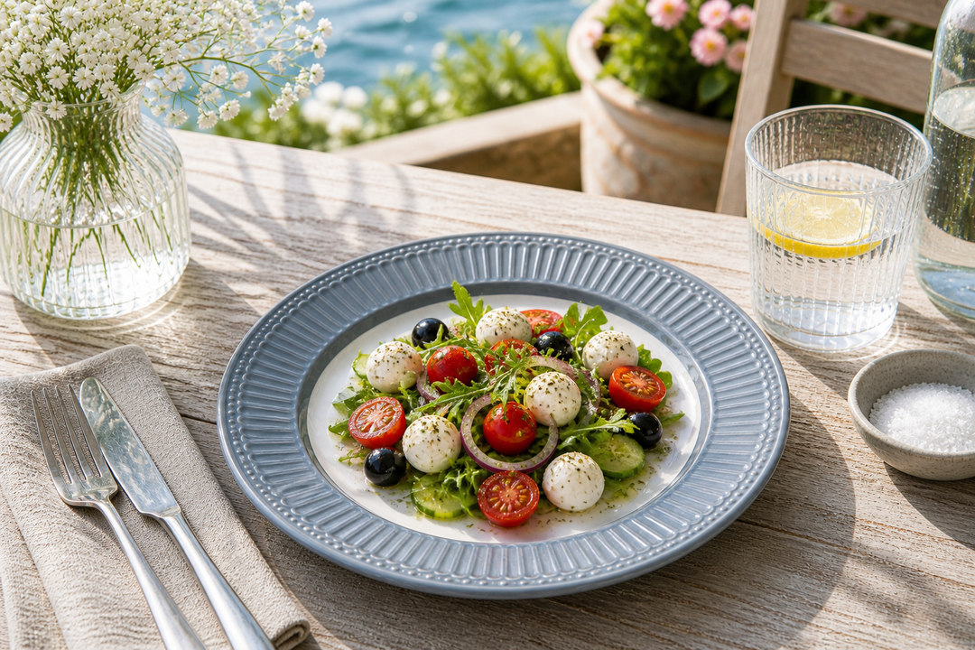 GreenGate Speiseteller Alice Steingrau 26,5 cm mit frischem Salat auf sonniger Terrasse im mediterranen Landhausstil