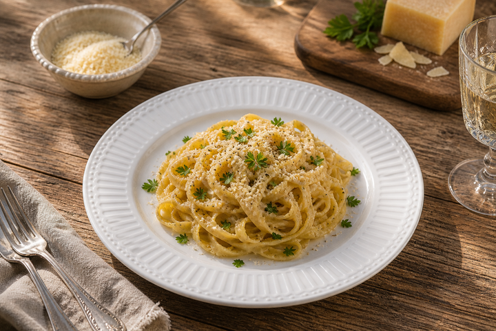 GreenGate Speiseteller Alice Weiß 26,5 cm mit Pasta Gericht im Landhaus Stil auf Holz Tisch mit Parmesan und weichem Licht