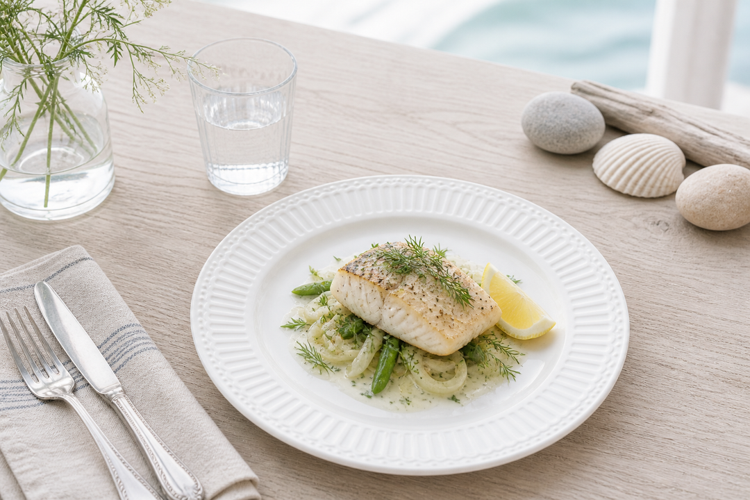 GreenGate Speiseteller Alice Weiß 26,5 cm im skandinavisch minimalistischen Stil mit Fischgericht hell clean und maritimer Atmosphäre