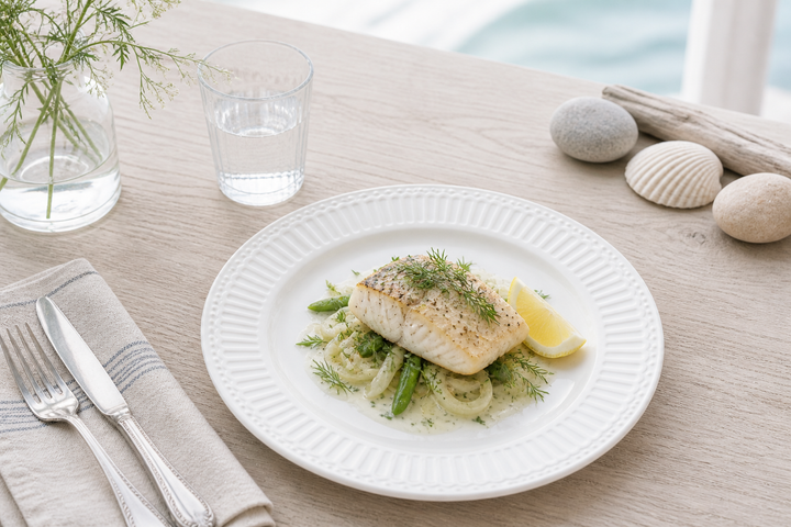 GreenGate Speiseteller Alice Weiß 26,5 cm im skandinavisch minimalistischen Stil mit Fischgericht hell clean und maritimer Atmosphäre