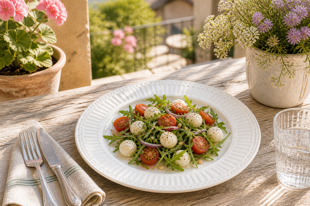 GreenGate Speiseteller Alice Weiß 26,5 cm mit frischem Salat auf sonniger Terrasse im mediterranen Landhausstil