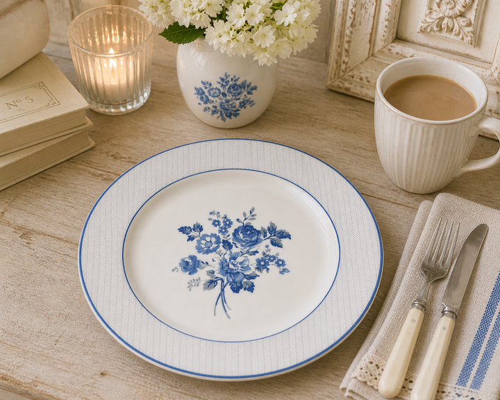 GreenGate Speiseteller Harmony geblümt 26,5 cm mit kleinem Dessert in gemütlicher Shabby Chic Kaffee Szene