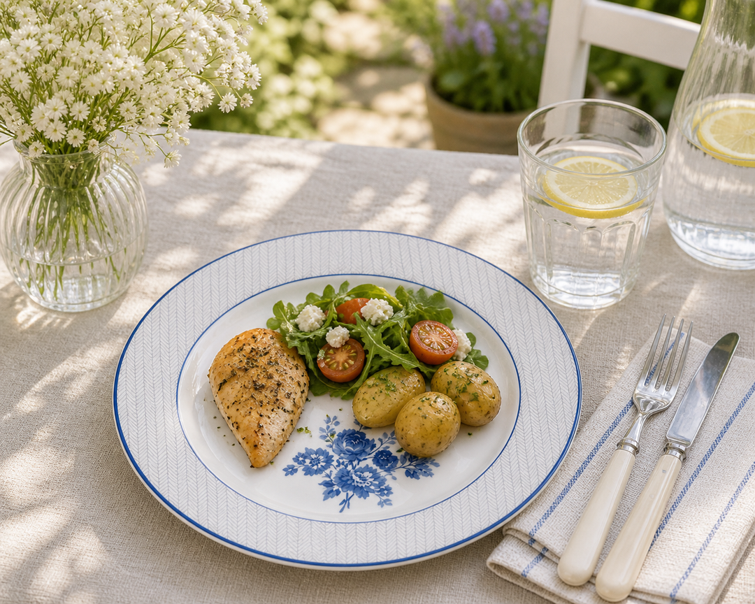 GreenGate Speiseteller Harmony geblümt 26,5 cm mit Hauptgericht auf sonniger Terrasse im mediterranen Landhausstil