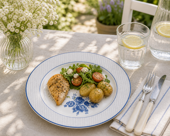 GreenGate Speiseteller Harmony geblümt 26,5 cm mit Hauptgericht auf sonniger Terrasse im mediterranen Landhausstil