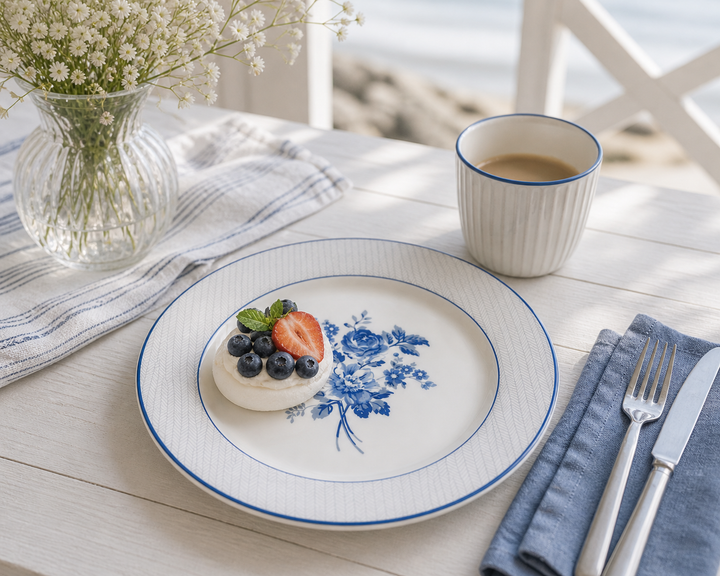 GreenGate Speiseteller Harmony geblümt 26,5 cm mit Dessert in heller skandinavischer Küsten Szene, minimal und clean