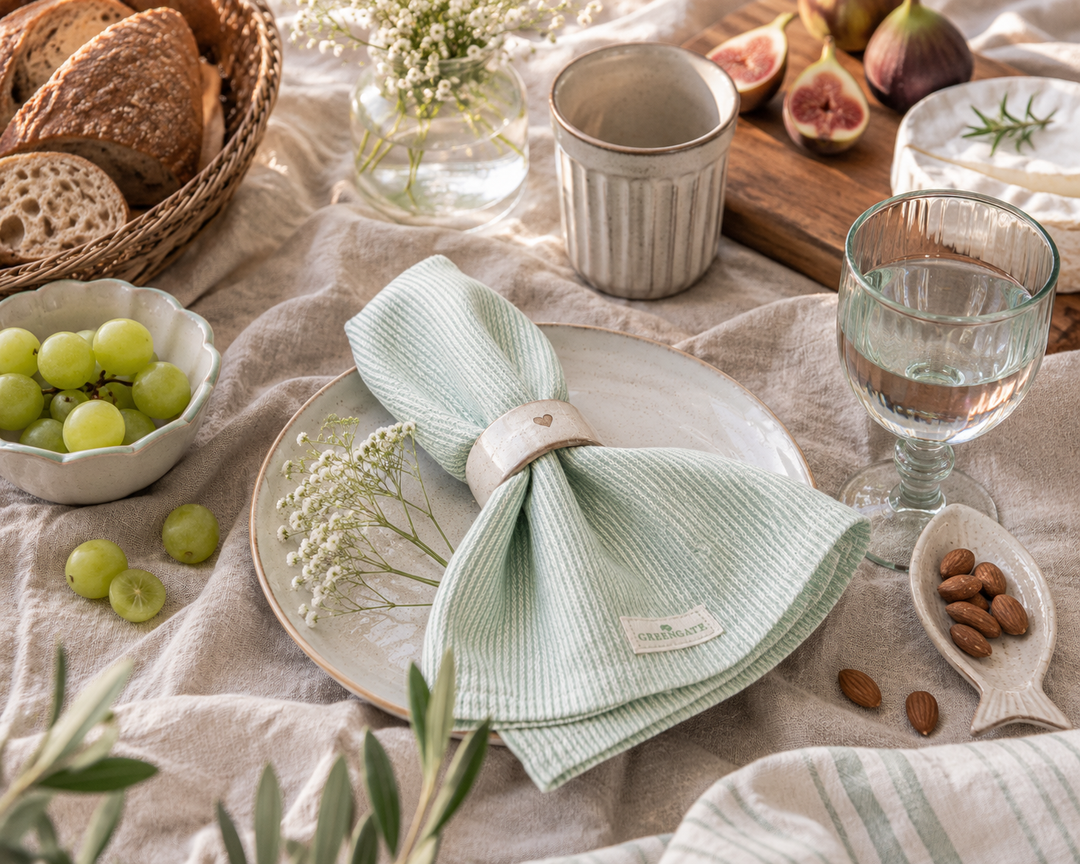 GreenGate Stoffserviette Alicia hellgrün in sommerlicher Brunchszene mit Brot, Erdbeeren und skandinavischer Tischdekoration