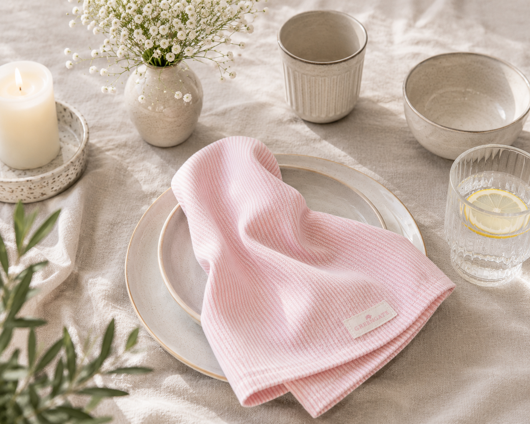 GreenGate Stoffserviette Alicia hellrosa in gemütlicher Frühstücksszene mit Erdbeeren und rustikalem Brot