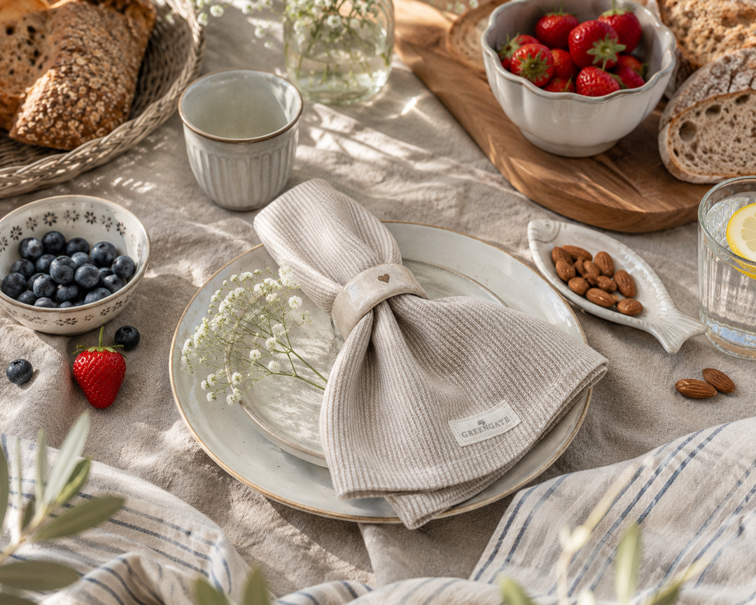GreenGate Stoffserviette Alicia Sand in sommerliche Frühstücksszene mit Keramik, Holzbrett und natürlicher Landhausdeko