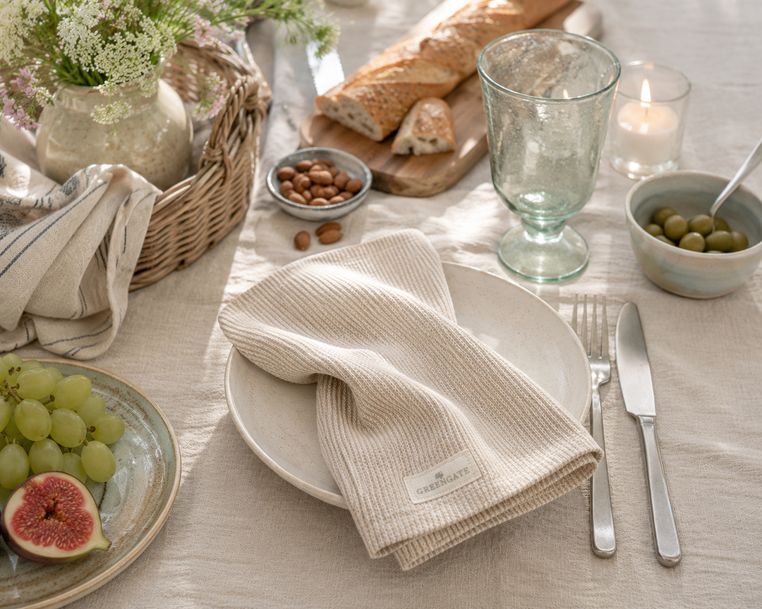 GreenGate Stoffserviette Alicia Sand in sommerlicher Picknickszene mit Keramik, Holzbrett und natürlicher Landhausdeko