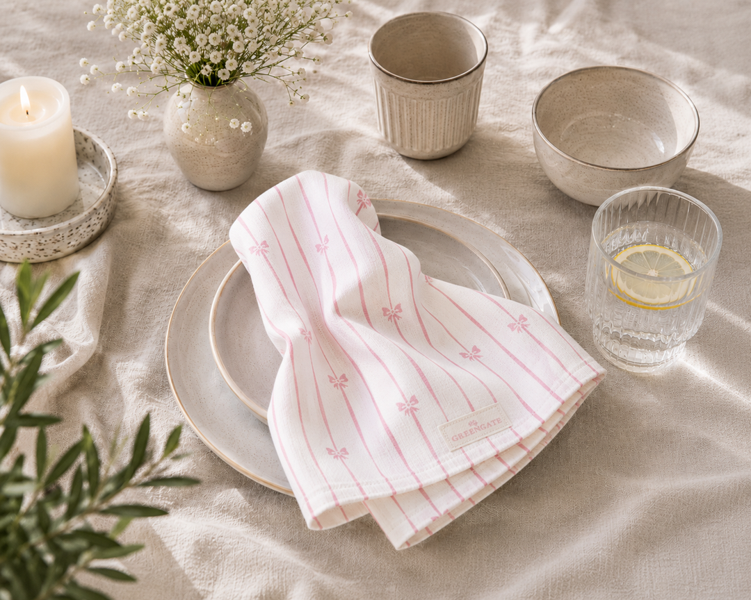GreenGate Stoffserviette Dolobella mit rosa Schleifenmuster auf gedecktem Tisch im skandinavischen Landhausstil