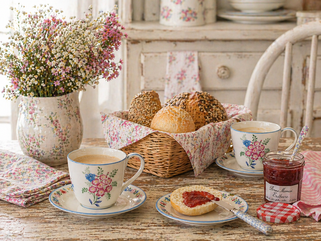 GreenGate Tasse mit Untertasse Elina weiß geblümt auf Frühstückstisch mit Brötchen und Marmelade im Shabby Chic Landhausstil