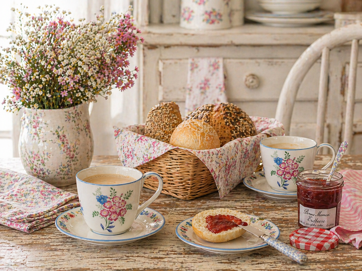 GreenGate Tasse mit Untertasse Elina weiß geblümt auf Frühstückstisch mit Brötchen und Marmelade im Shabby Chic Landhausstil