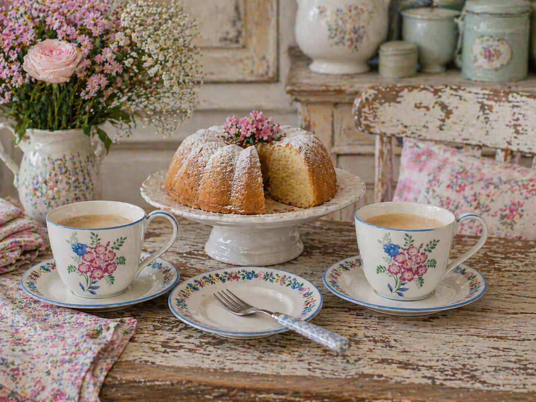 GreenGate Tasse mit Untertasse Elina weiß geblümt auf urigem Holztisch mit Kaffee im Shabby Chic Landhausstil