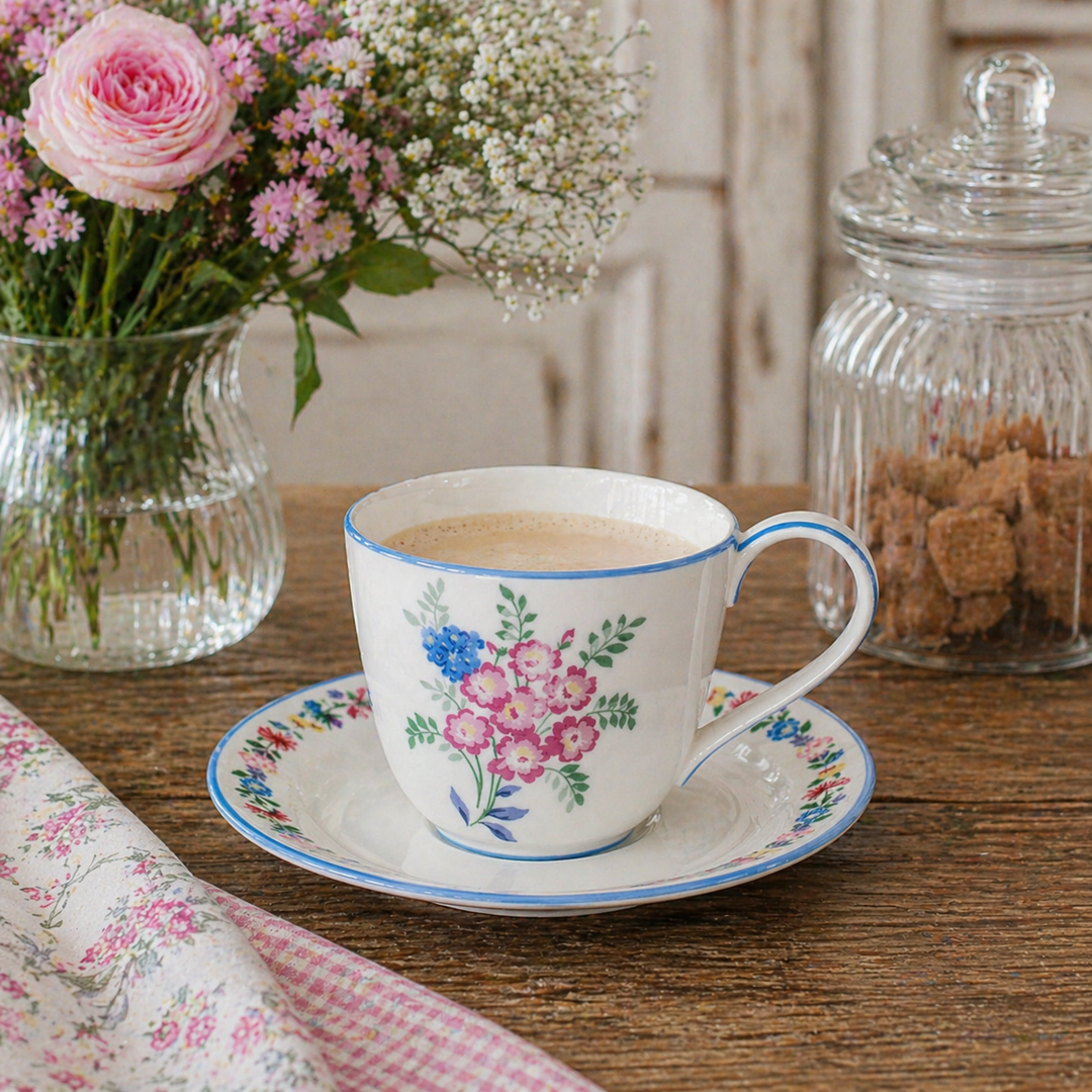 GreenGate Tasse mit Untertasse Elina weiß geblümt in Nutzung mit Kaffee auf Holztisch im skandinavischen Landhausstil